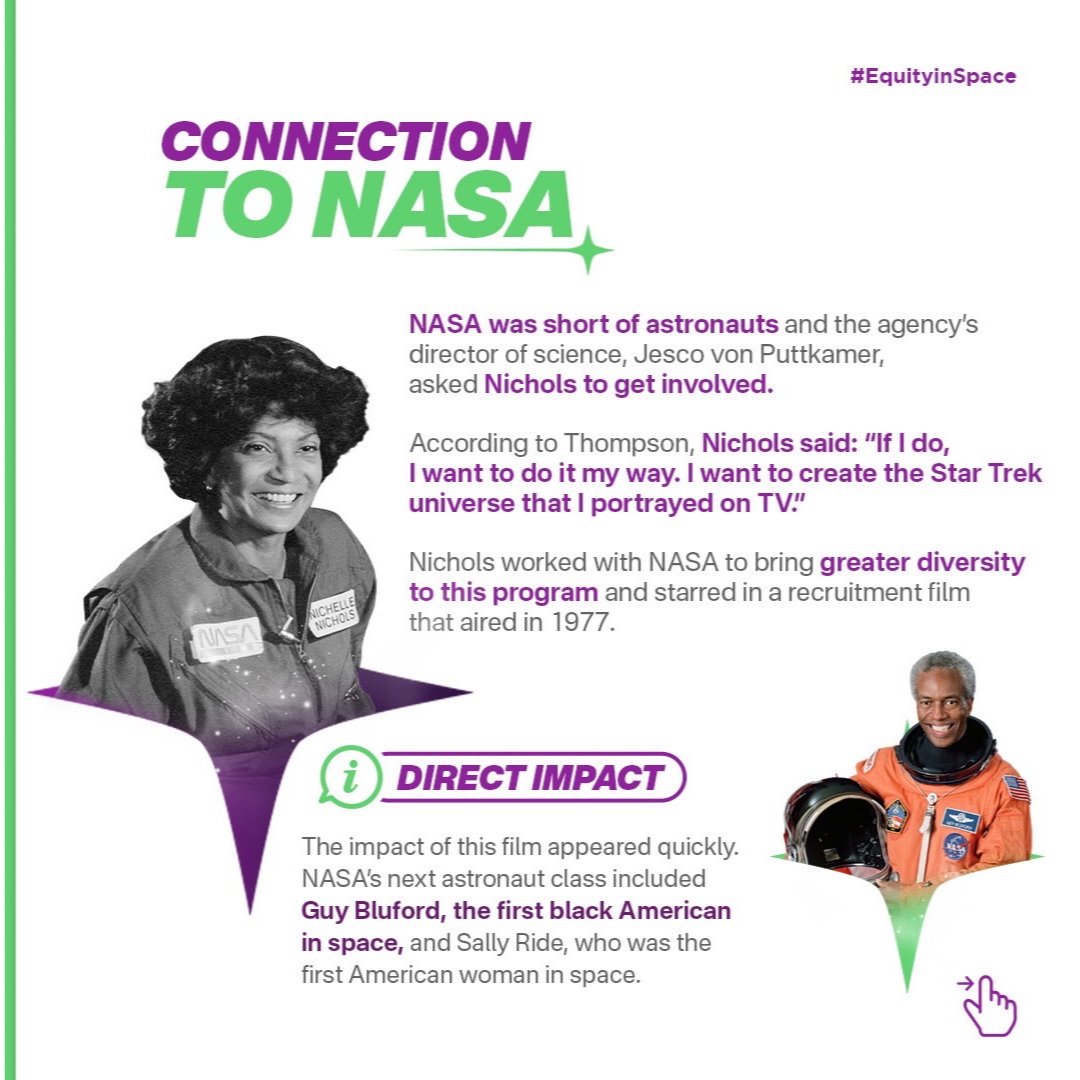 equityinspace's tweet photo. Nichelle Nichols was a pioneer whose contribution to the culture and space will be celebrated for years to come. Swipe to learn more about Nichelle Nichols's legacy.
#spaceequity #nichellenichols #NASA #ESA #womeninspace #equityinspace #MelaninOnMars https://t.co/6W34PNWGJm