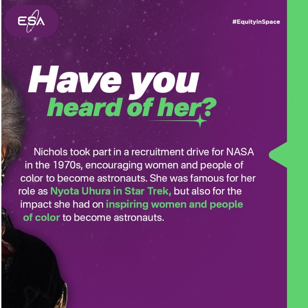 equityinspace's tweet photo. Nichelle Nichols was a pioneer whose contribution to the culture and space will be celebrated for years to come. Swipe to learn more about Nichelle Nichols's legacy.
#spaceequity #nichellenichols #NASA #ESA #womeninspace #equityinspace #MelaninOnMars https://t.co/6W34PNWGJm