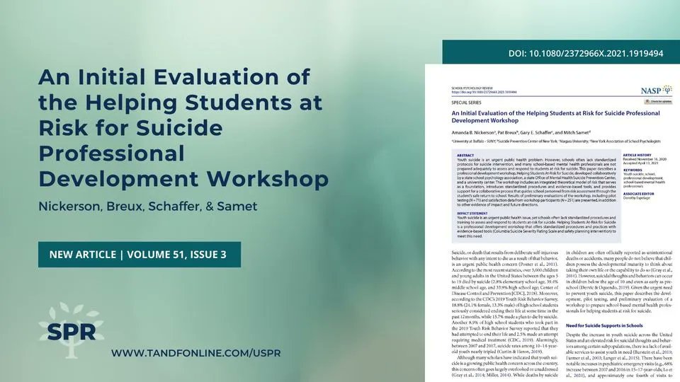 As September is suicide awareness month, we are focusing on articles from a special issue of SPR. This paper describes a professional development workshop, Helping Students At-Risk for Suicide, and shares results of preliminary evaluations. buff.ly/3fibQnC