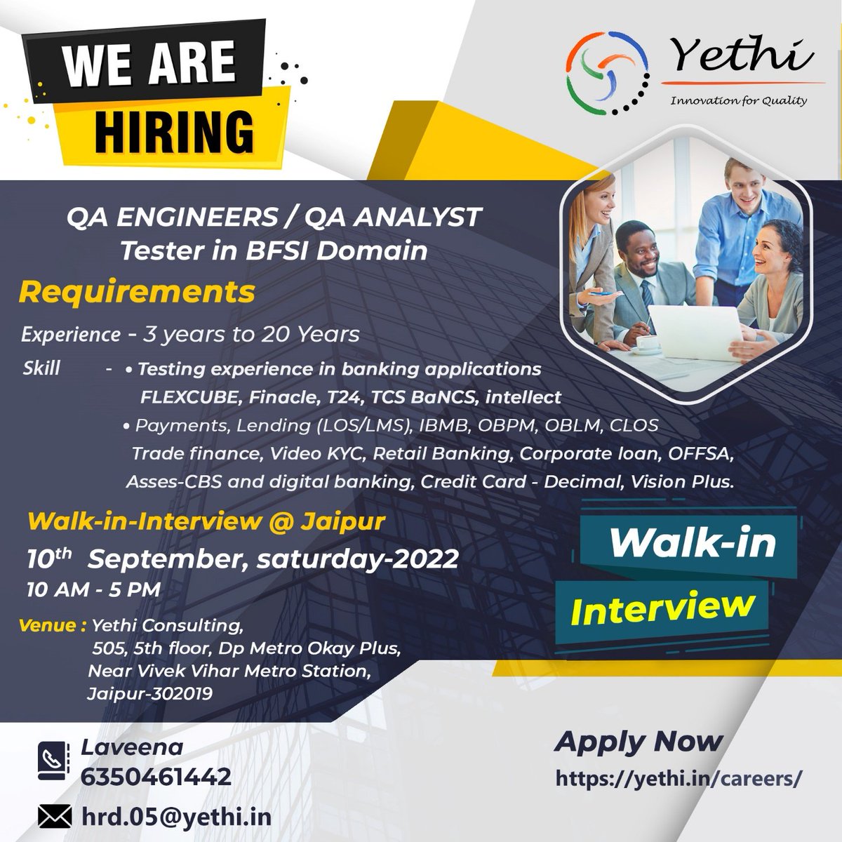 smartsitesh's tweet image. Walk in #Jaipur 

#testing #flexcube #t24 #bancs 
#payments #finacle 

@YethiHQ