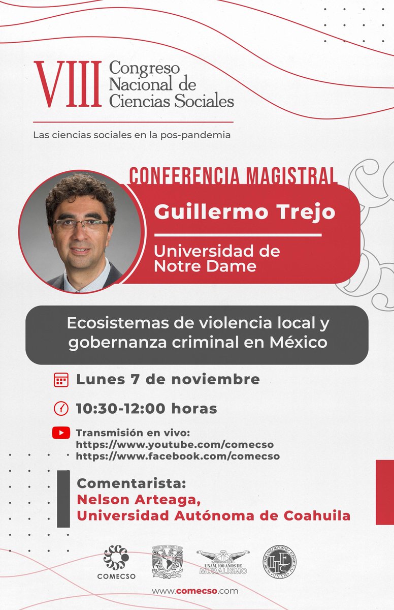 COMECSO's tweet photo. #ConferenciaMagistral: "Ecosistemas de violencia local y gobernanza criminal en México"

Ponente: Guillermo Trejo 👨🏽‍💼
Fecha: 7 de Noviembre 🗓

Transmisión en vivo desde Facebook y YouTube @comecso

#VIIICNCS #CongresoComecso #CienciasSociales #IIECUNAM https://t.co/hmkZ8f2tHe