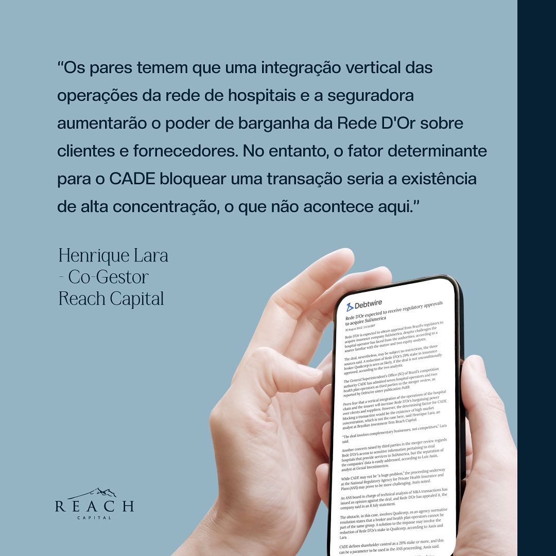 reach_capital's tweet photo. Na última semana, nosso co-gestor Henrique Lara comentou para a Debtwire sobre o arcabouço regulatório para a aprovação do negócio entre SulAmérica e Rede D’Or.
#reach #capital #sulamerica #debtwire #mercado #rededor https://t.co/xzFyOiTQIB