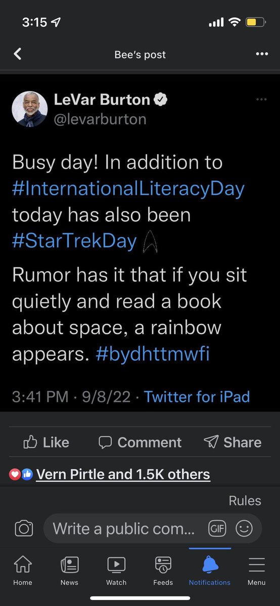 Bee(they/them)π³οΈββ§οΈπ³οΈβπ (@beelovestrek) on Twitter photo My most shared post on FB is <a href="/levarburton/">LeVar Burton</a> being super wholesome Iβm loving it!
1.5k reacts! My most shared post on FB is <a href="/levarburton/">LeVar Burton</a> being super wholesome Iβm loving it!
1.5k reacts!
