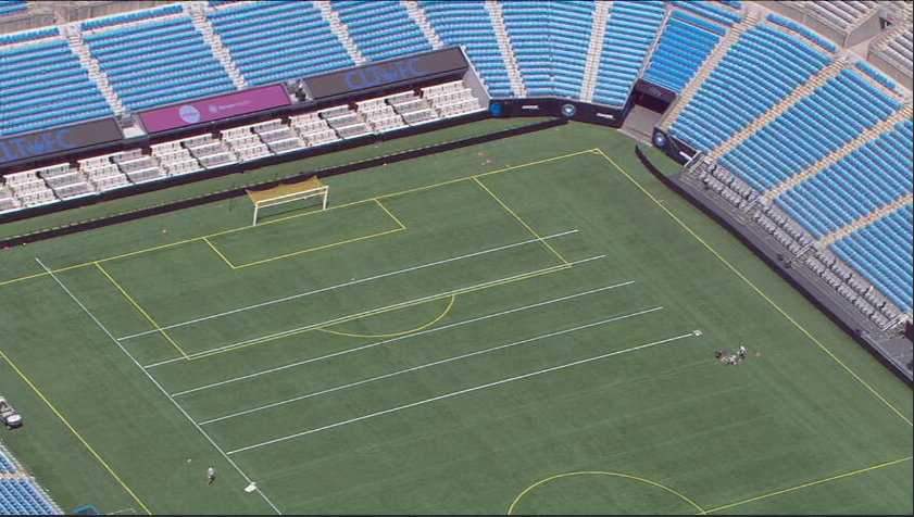 JoeBrunoWSOC9's tweet photo. Via @WSOCChopper9: A look at Bank of America Stadium where the grounds crew is painting soccer and football lines due to the threat of rain @wsoctv https://t.co/9Xk5WCwoKQ