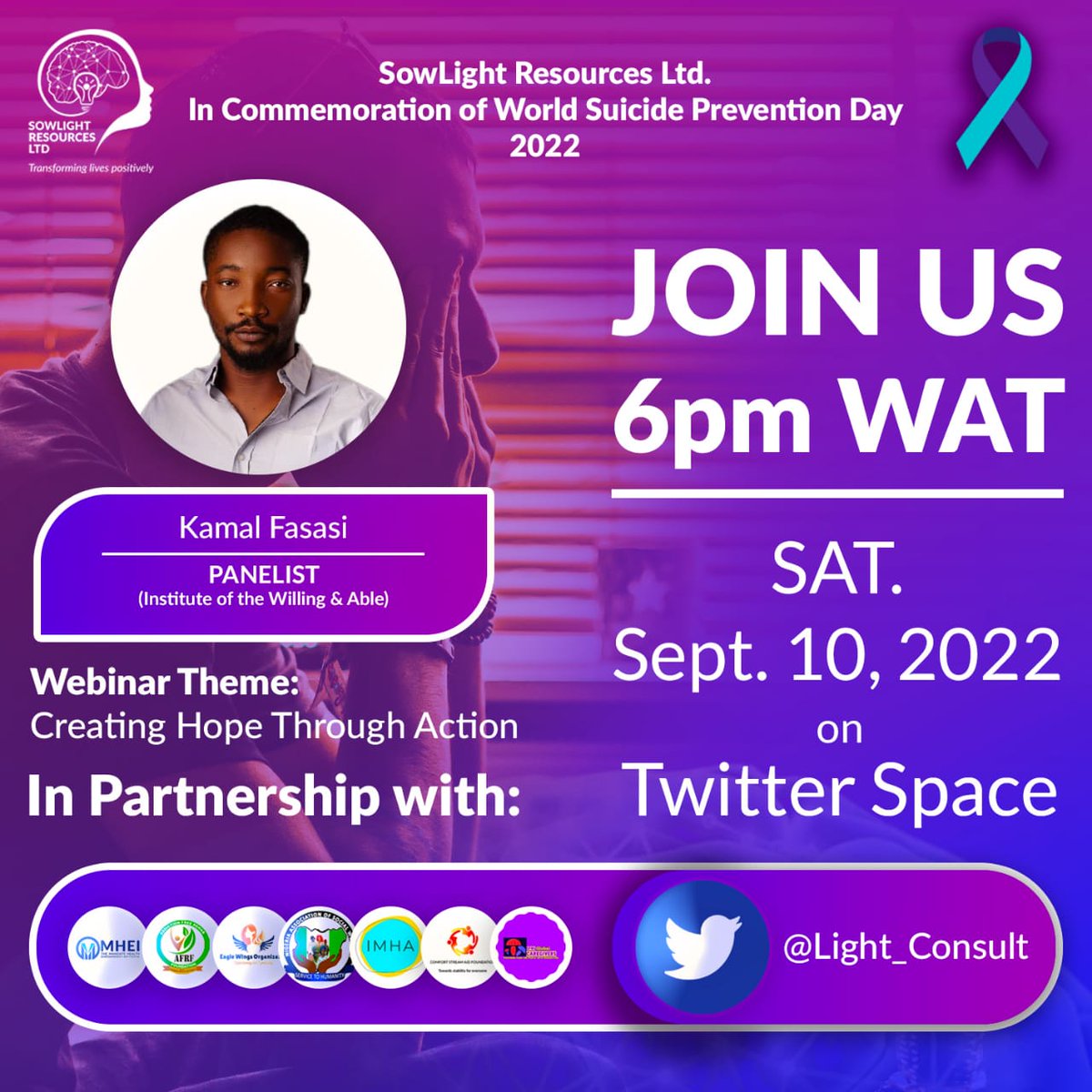 It's #SuicidePreventionMonth Meet one of our panelists for the day Kamal Fasasi, @IOWAA9. Don't forget the session promises to be educative, interactive and empowering. Don't miss it for anything... @GikonyoMaureen @angiyo58 @BasseeyA @officialpraiseA @Ayomide208