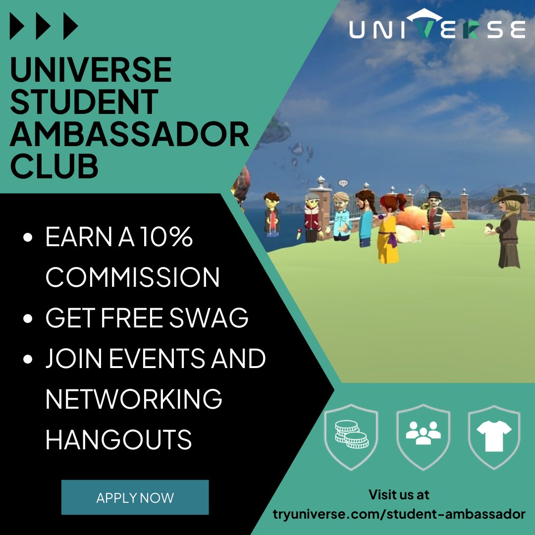 If you’re a leader on campus who wants to get others excited about the Metaverse, the Universe Ambassador Club is the home for you! Earn 10% commission for each student you enroll in a Universe course, as well as access to exclusive events, merch, and networking opportunities!