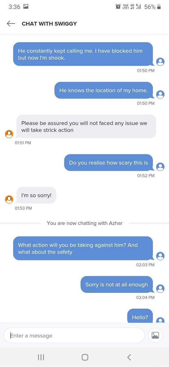 sharada_koti's tweet photo. 1/2
@Swiggy what kind of delivery partners are you hiring. The delivery guy allotted to my order asked for #sexualfavors after delivering the food. He called again with multiple phone numbers asking the same aggressively. So reached out #swiggy support and their response was 👇 https://t.co/1WXD8nWX6k
