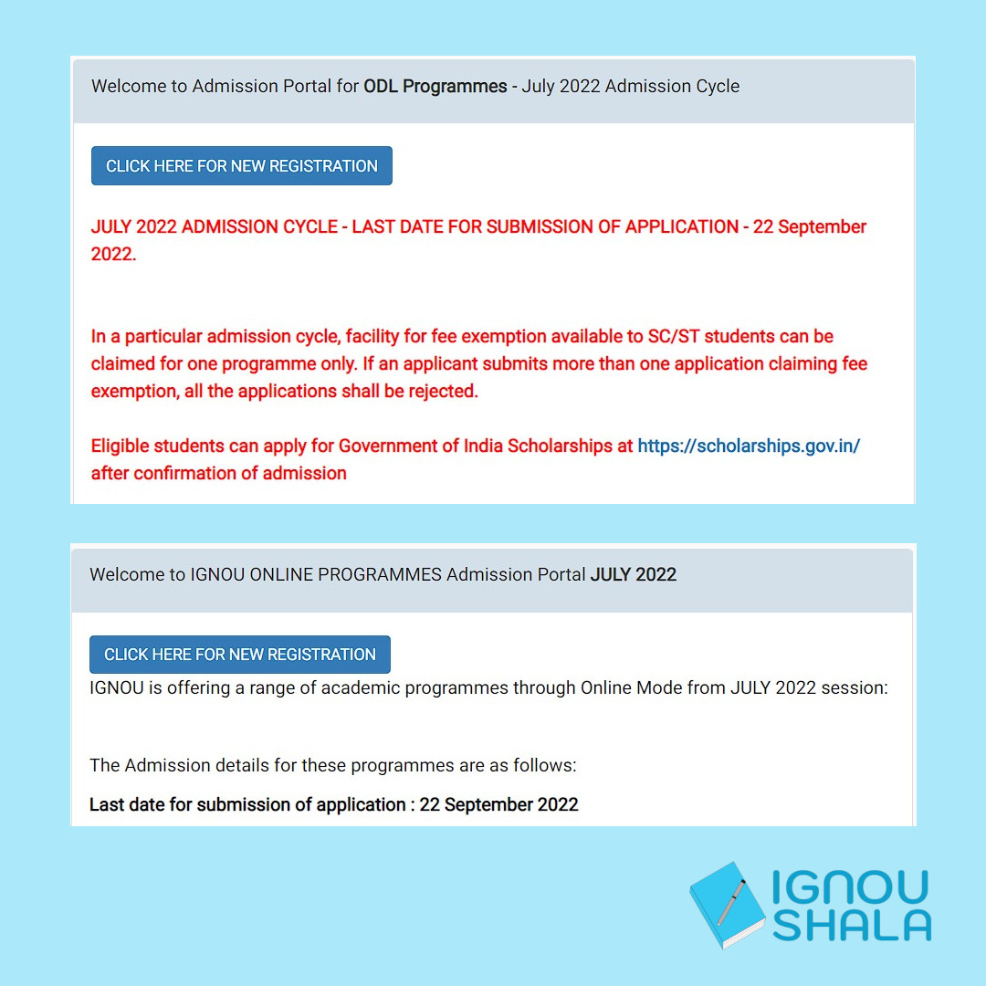 IGNOUSHALA's tweet photo. Last date of July 2022 session #admission is extended by #IGNOU from 9th September to 22nd September 2022 for ODL programmes as well as Online Programmes.

ODL Programmes Admission : https://t.co/AB5ka6PgiA

Online Programmes Admission : https://t.co/0RjUPrnPU1

#IGNOUSHALA https://t.co/NNO3D5Acfu