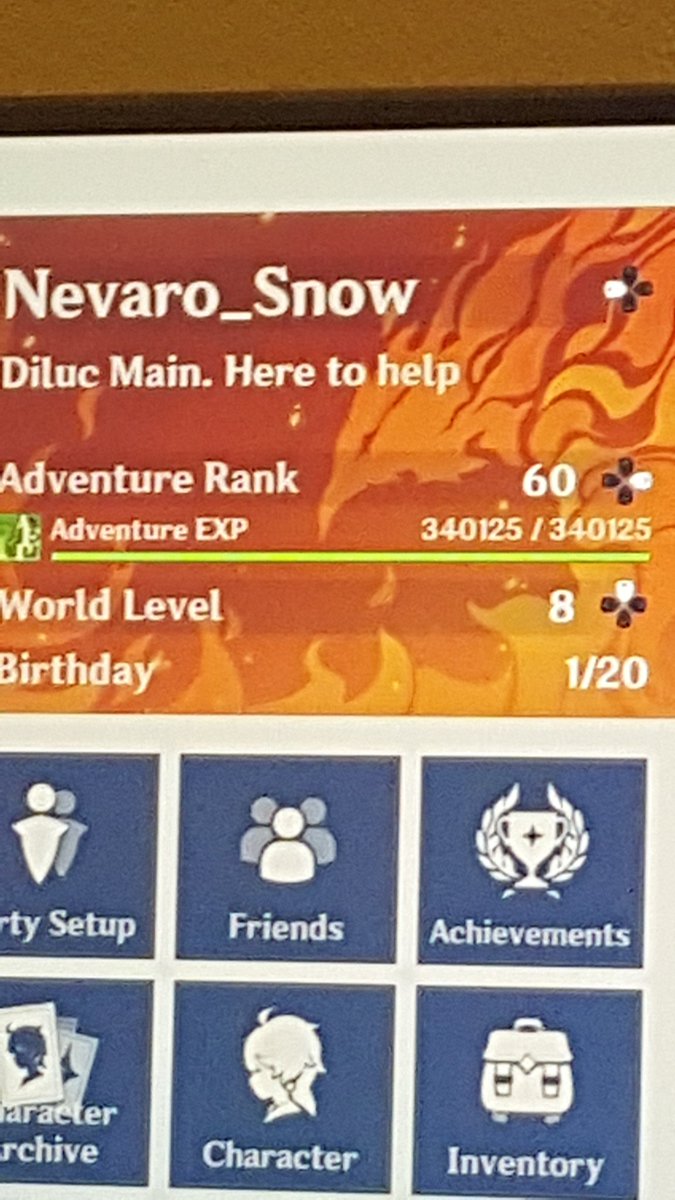 NevaroSnow's tweet photo. Finally hit AR 60 @GenshinImpact 

A Diluc better be in 1 of those 3 wishes Hoyoverse https://t.co/Yb14hIOHof