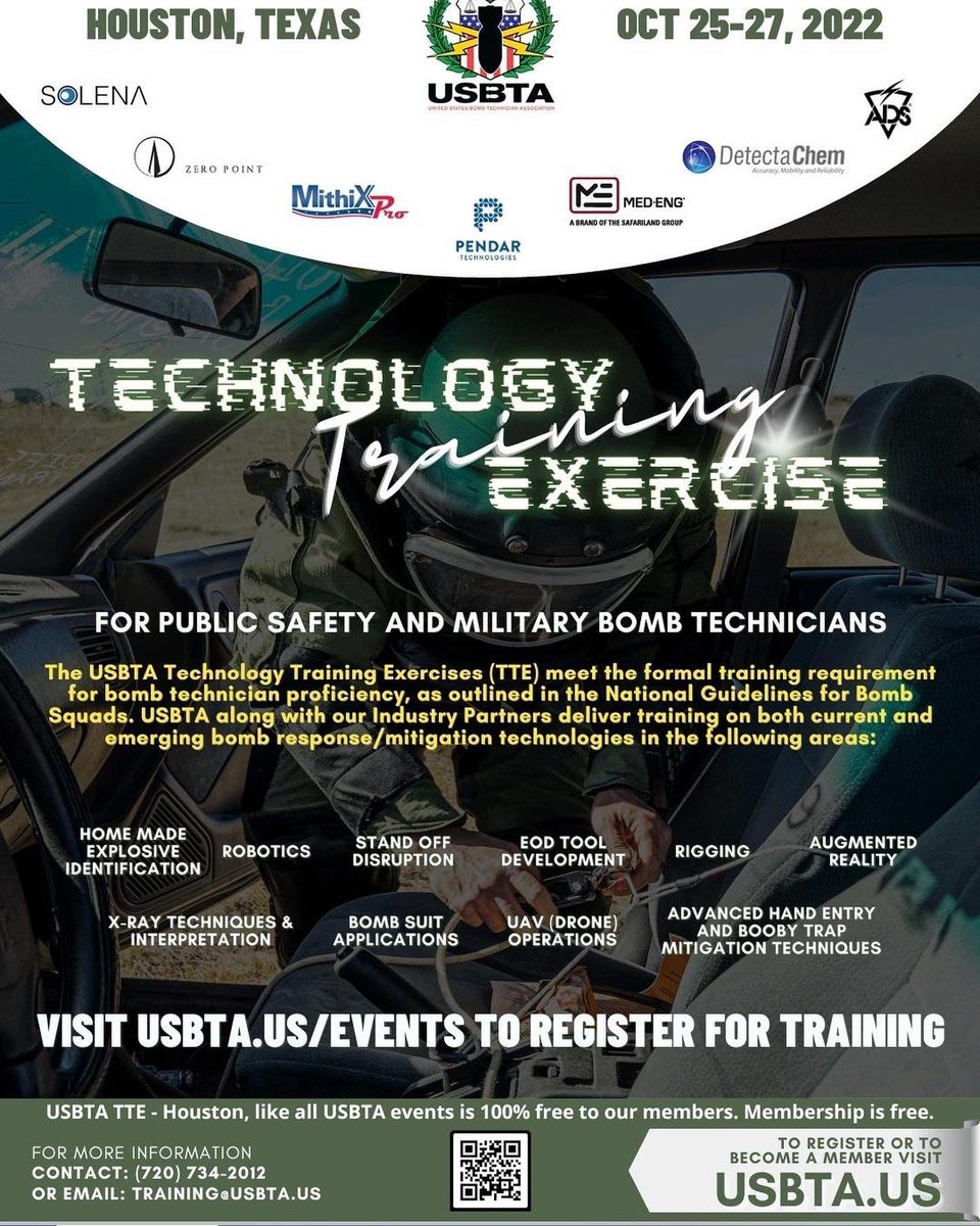 USBTA2016's tweet image. US EOD and PSBTs, join us in Houston for our TTE Oct 25-27. Our events are free to active bomb technicians. @zeropointusa @MedEngComms @NPAerospace @ICORTechnology @TEukLTD