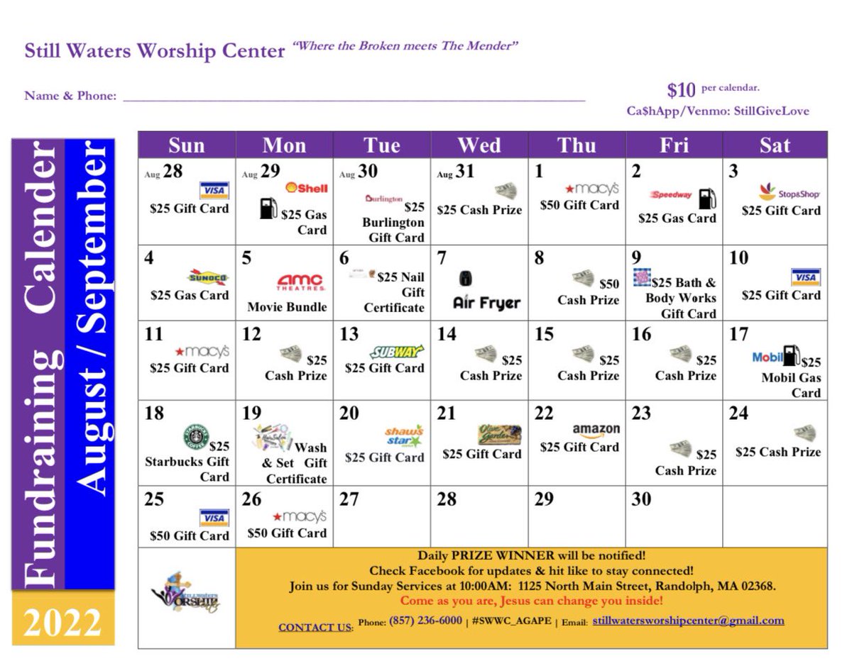 SWWC_Agape's tweet photo. Fundraiser Calendar! $10 gets you a chance to win some awesome prizes! #CashApp $StillGiveLove #Venmo StillGiveLove #SWWC_AGAPE https://t.co/wDK4Mxy9V9