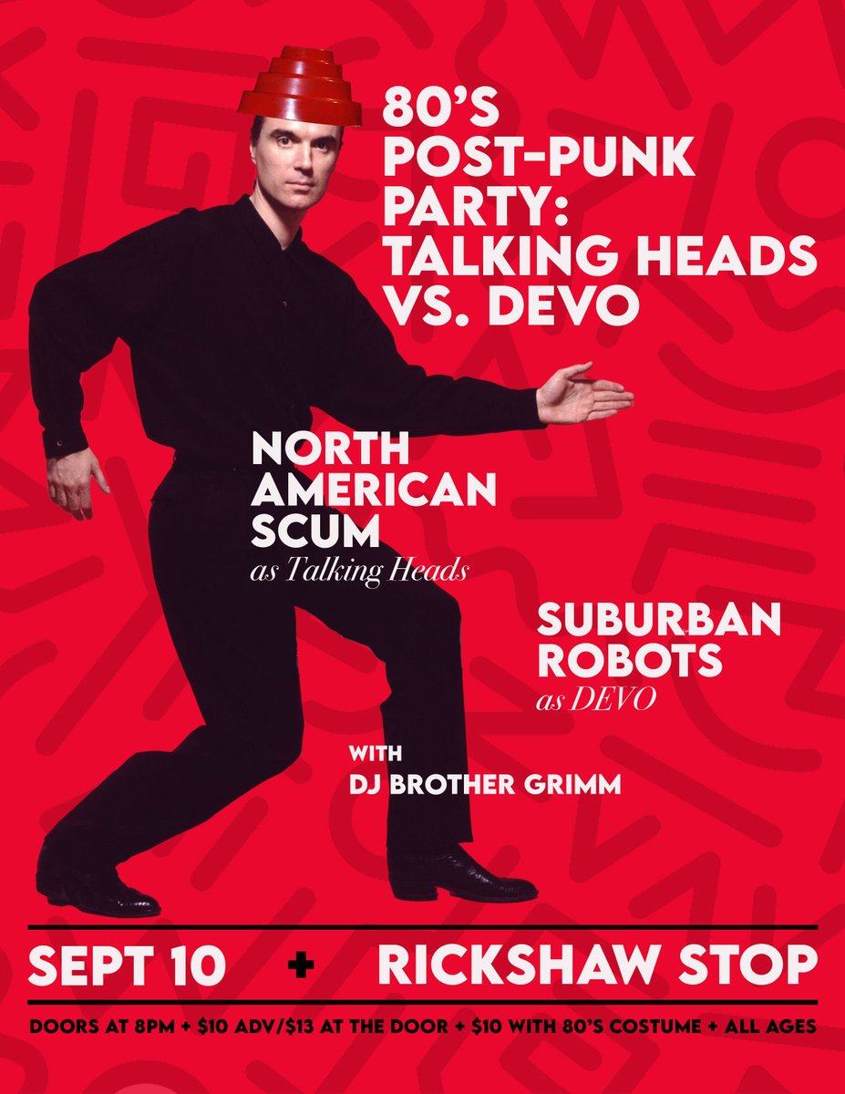 FRISCO FREAKS: Tomorrow (Saturday), my band <a href="/NAScum/">North American Scum</a> plays one set of Talking Heads songs, and one set of DEVO songs. We're goin hard at <a href="/rickshawstopsf/">Rickshaw Stop</a> C'mon spuds, be stiff! Remove the water from the bottom of the ocean! All ages, bring the kids: wl.seetickets.us/event/80s-POST…