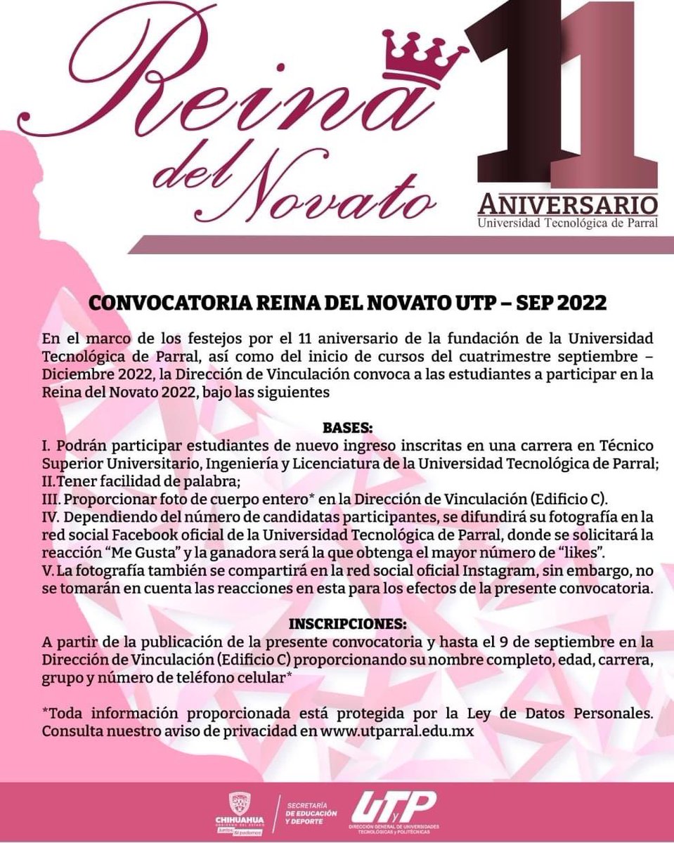 aechavez_betty's tweet photo. Dentro del festejo de #Aniversario de nuestra #UTParral este 15 de septiembre, se realizará una gran fiesta mexicana, la coronación de la reina del novato y concurso de talentos.
¡Acompáñanos a celebrar!🎈🎉🎊
#LaUniversidadDeTodos
#SomosLobosGrises https://t.co/fEw368HWt9