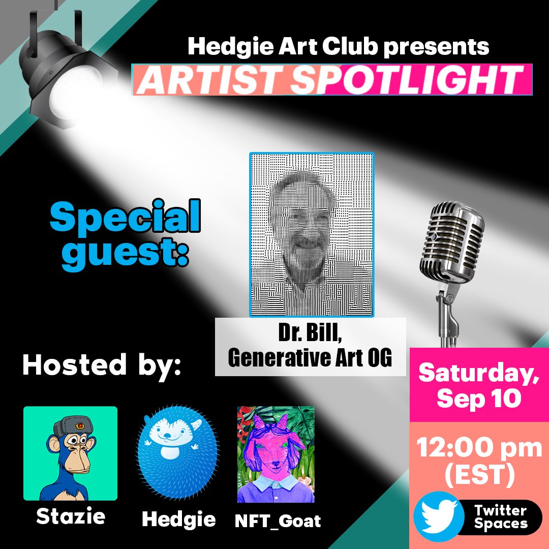 OG Hedgies | Final Edition Minting (@hellohedgie) on Twitter photo 🚨New Twitter Space with Generative Art OG this Sat at 12:00pm EST🚨
Special guest: <a href="/drbillkolomyjec/">William Kolomyjec</a> 🎨
Hosted by: <a href="/stazie/">stazie</a> , <a href="/hellohedgie/">OG Hedgies | Final Edition Minting</a> and <a href="/NFTgoat_art/">Goat Gallery</a>
+ live raffle of Generative Art #NFT
Set reminders here: x.com/i/spaces/1ynJO… 🚨New Twitter Space with Generative Art OG this Sat at 12:00pm EST🚨
Special guest: <a href="/drbillkolomyjec/">William Kolomyjec</a> 🎨
Hosted by: <a href="/stazie/">stazie</a> , <a href="/hellohedgie/">OG Hedgies | Final Edition Minting</a> and <a href="/NFTgoat_art/">Goat Gallery</a>
+ live raffle of Generative Art #NFT
Set reminders here: x.com/i/spaces/1ynJO…