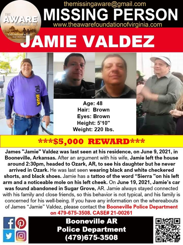 aware_the's tweet photo. ***MISSING***
James "Jamie" Valdez was last seen at his residence, on June 9, 2021, in Booneville, Arkansas. After an argument with his wife, Jamie left the house around 2:30pm, headed to Ozark, AR, to see his daughter but he never arrived in Ozark. https://t.co/uSYNmbFEsc