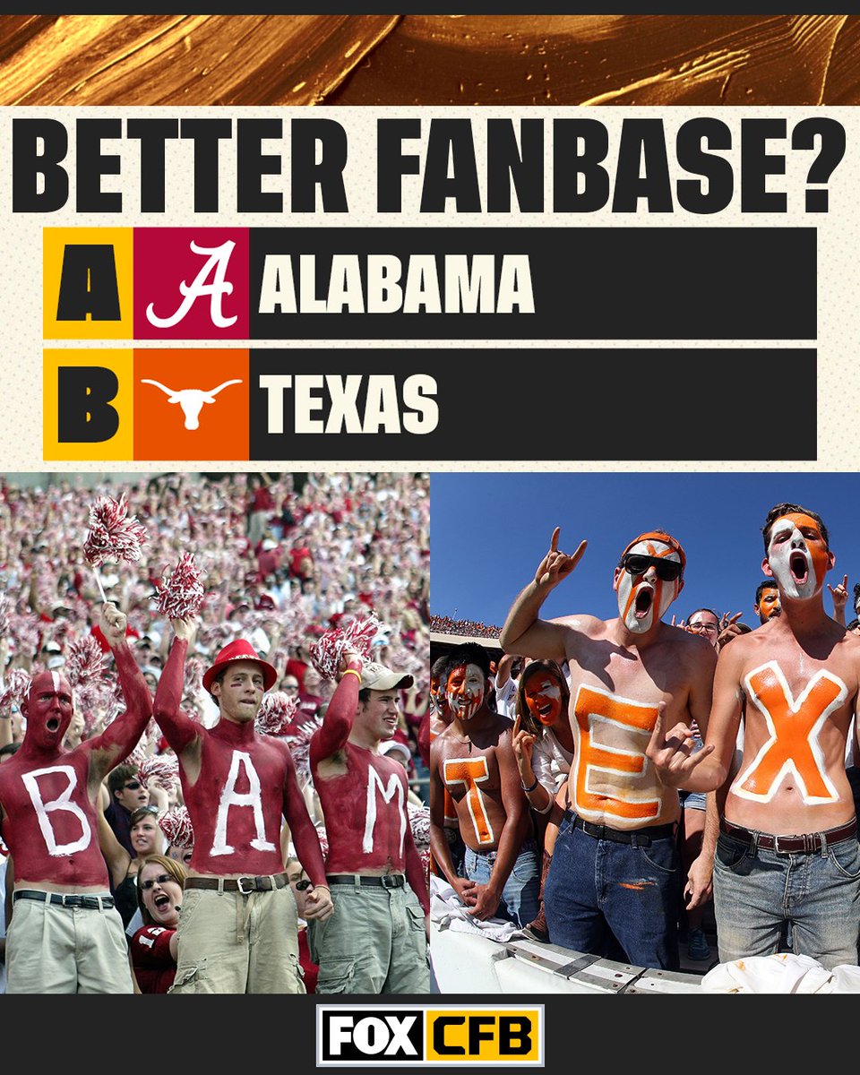 CFBONFOX's tweet photo. Let's hear it...

Which team has the better fanbase, @TexasFootball or @AlabamaFTBL? 🤔🤘🐘 https://t.co/OjHUoTCuUb