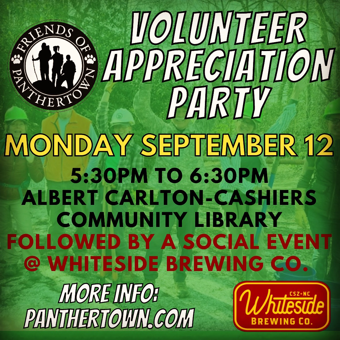 Panthertown's tweet photo. We love our volunteers! Dinner is on us at Whiteside Brewing Co. if you're a current volunteer with Friends of Panthertown! Everyone is welcome. #protectpanthertown
#volunteersrock #thankvouvolunteers
#panthertown #panthertownvalley
#whitesidebrewing #828isgreat #cashiersnc https://t.co/zGa7NBVOmY