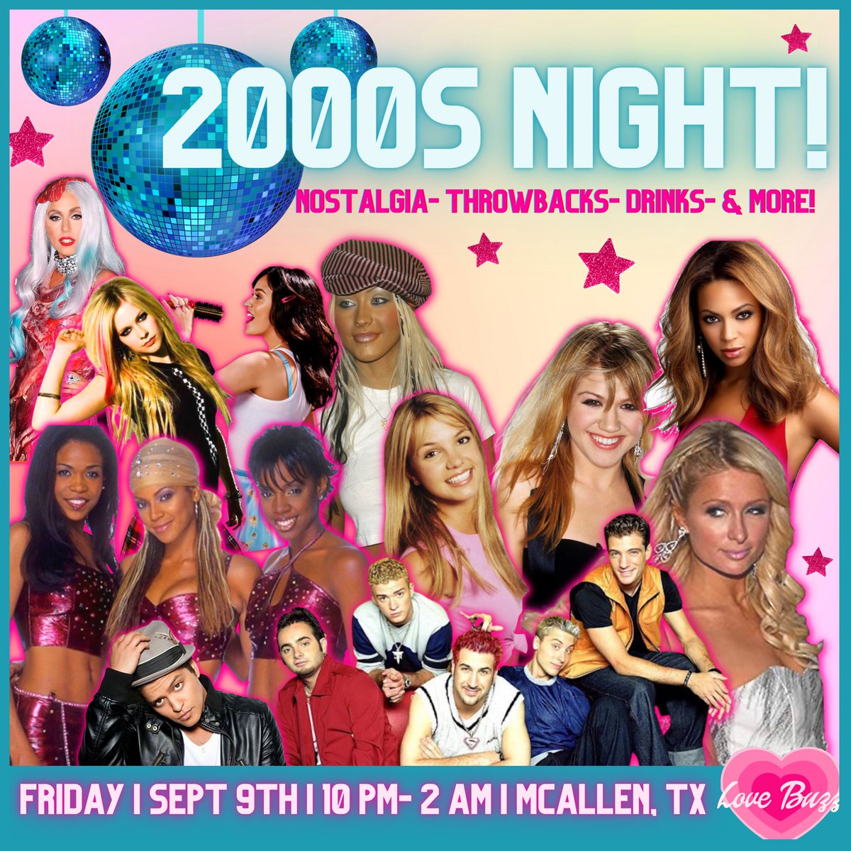 heylovebuzz's tweet photo. Tonight we’re taking it back to the 2000s! 😍💖🪩

It’s a 2000s Nostalgia Party 🎶💕 Stop by for Y2K decor, throwbacks, and cocktails! ✨

Don’t forget to wear your favorite Y2K inspired fit and bring your besties! 🫶🏻🛍

We’re open from 8PM-2AM ⏰

HAPPY HOUR is from 8-10PM 🍸🍸 https://t.co/VHxJeLRrMe