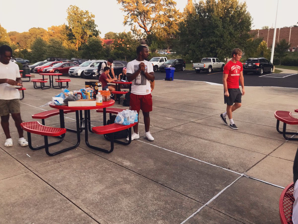 CoachCPPearce's tweet photo. Rashard cookin up for the DBs outside Cook Stadium the night before our home opener.

#Cook #family #WeWork https://t.co/zS8m4GNIoh