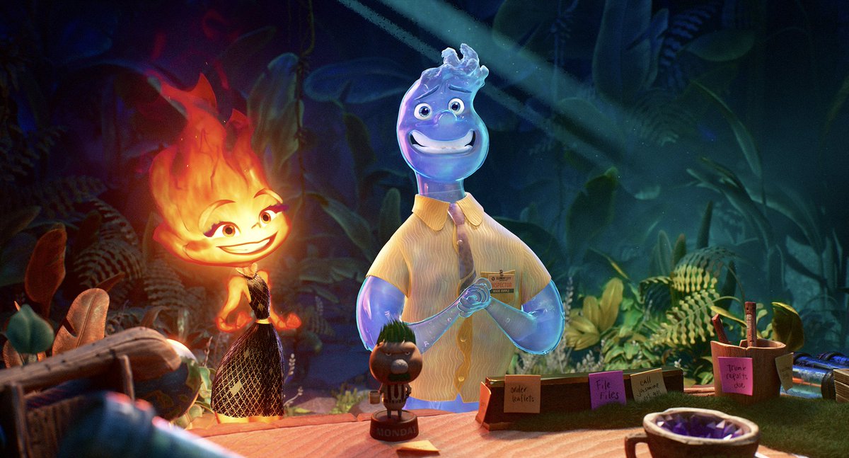 DisneyD23's tweet photo. 🔥 and💧come together in this FIRST LOOK at Ember &amp; Wade played by Leah Lewis and Mamoudou Athie, from Disney and Pixar’s Elemental, coming to theaters June 16, 2023! https://t.co/fp6jI62DCL