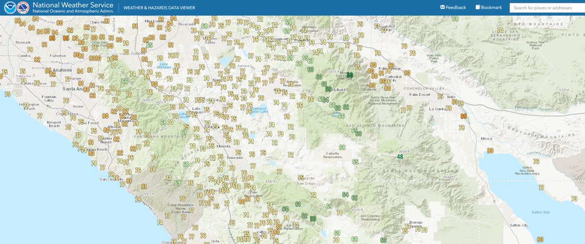 NWSSanDiego's tweet photo. Overnight was very warm and muggy due to cloud cover and the increasing offshore winds (east) as shown by low temperatures in the 70s and 80s #TCkay #CAWX by 6 am temperatures were rising into the mid 80s https://t.co/Cyv2yg2N8F