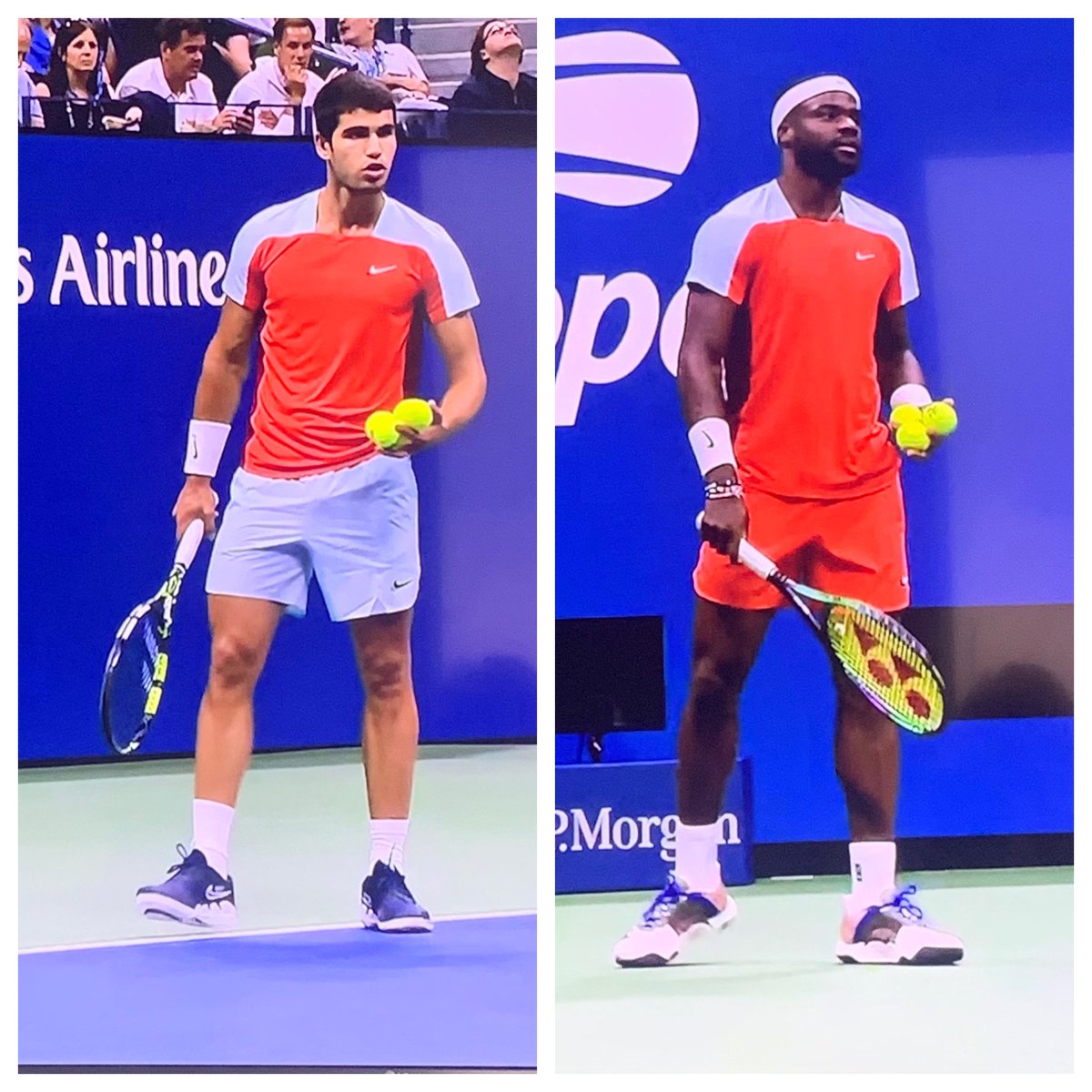 CNegrete24's tweet photo. I’m rooting for the guy in the red and white Nike shirt!#USOpen  #Tiafoe #Alcaraz https://t.co/ZDyCQGWGhI