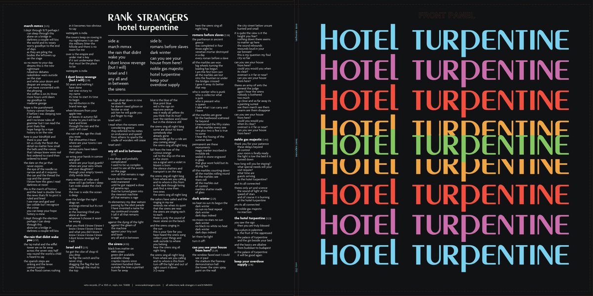 TOMORROW AFTERNOON! @BarelyBrosVinyl
<a href="/heydougcollins/">Doug Collins</a> and the receptionists 1pm/institutional green 2pm/ <a href="/HandsTragic/">Tragic Hands</a> 3pm/rank strangers 4pm
"hotel turpentine" vinyl arrives! we have records!
#ionlyfearthatwearemodern