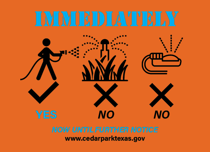 CedarParkTX's tweet photo. UPDATE: Effective immediately, only handheld hose w/ water shutoff sprayer watering allowed; All irrigation system &amp; hose-end sprinkler use now prohibited. Unfortunately, leak in BCRUA underwater intake line has grown. Must reduce water usage now. https://t.co/sD483X4BCx. https://t.co/49Y3d2r6VE