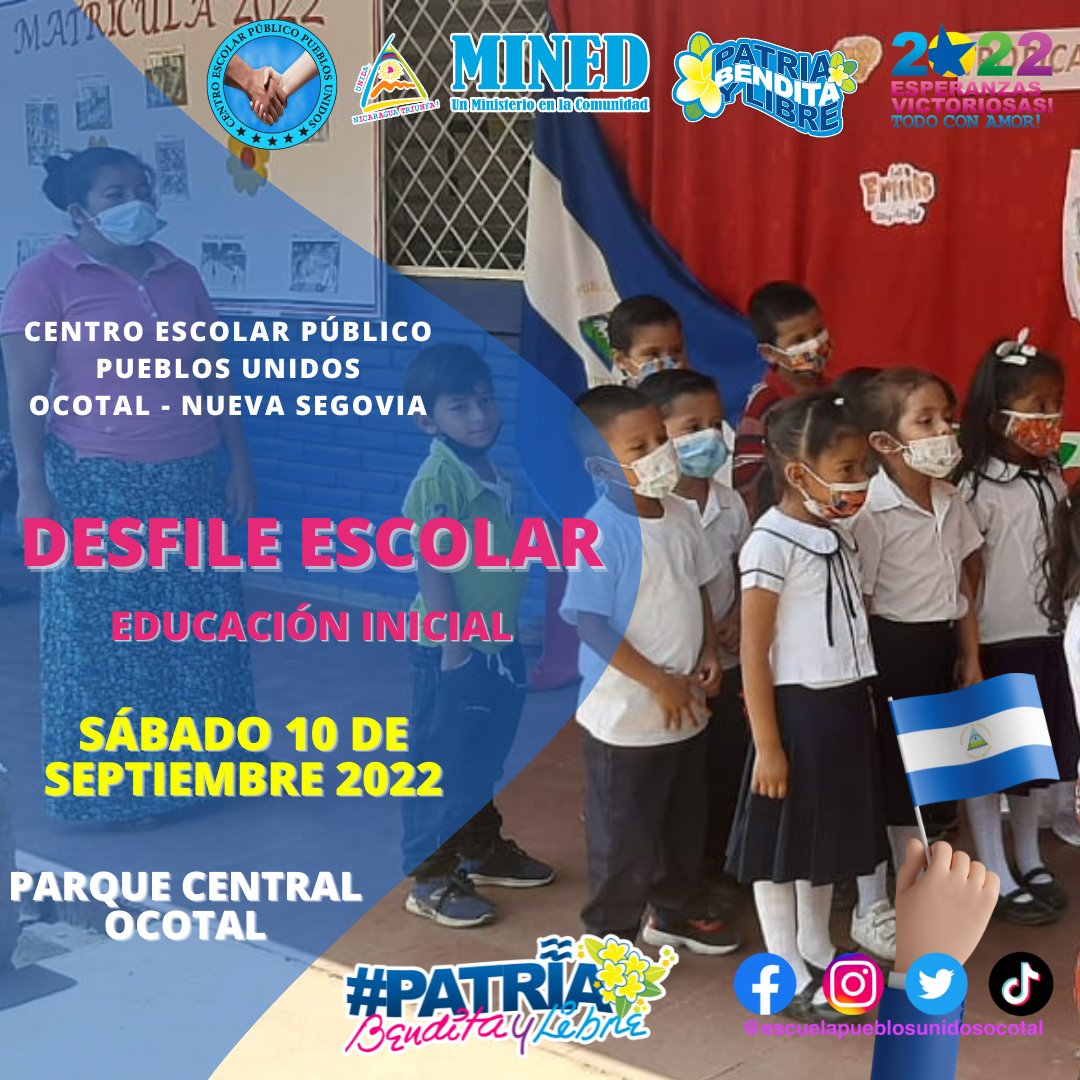 🇳🇮 Desfile Escolar 🇳🇮

Estudiantes de Educación Inicial.
Fecha: Sábado 10 de septiembre 2022.
Hora: 8: 00 am
Lugar: Parque central, Ocotal.

<a href="/minednicaragua/">Ministerio de Educación Nicaragua</a> 
<a href="/minedocotal/">MINED Ocotal</a>