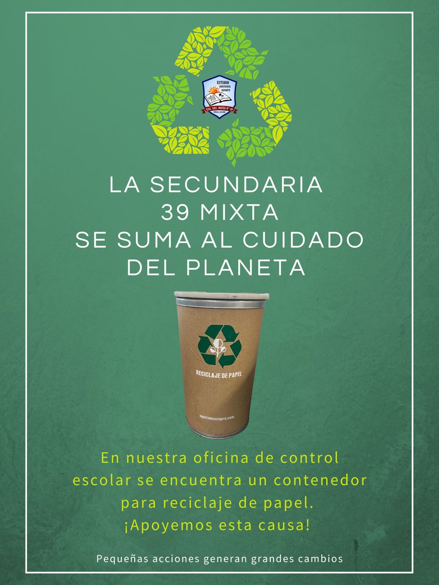Secundaria39T's tweet photo. Reciclar es de las cosas más parecidas a la magia, convierte unas cosas en otras.
En la #Sec39 entendemos la importancia del reciclaje.♻️ https://t.co/bkNf5HPuiq