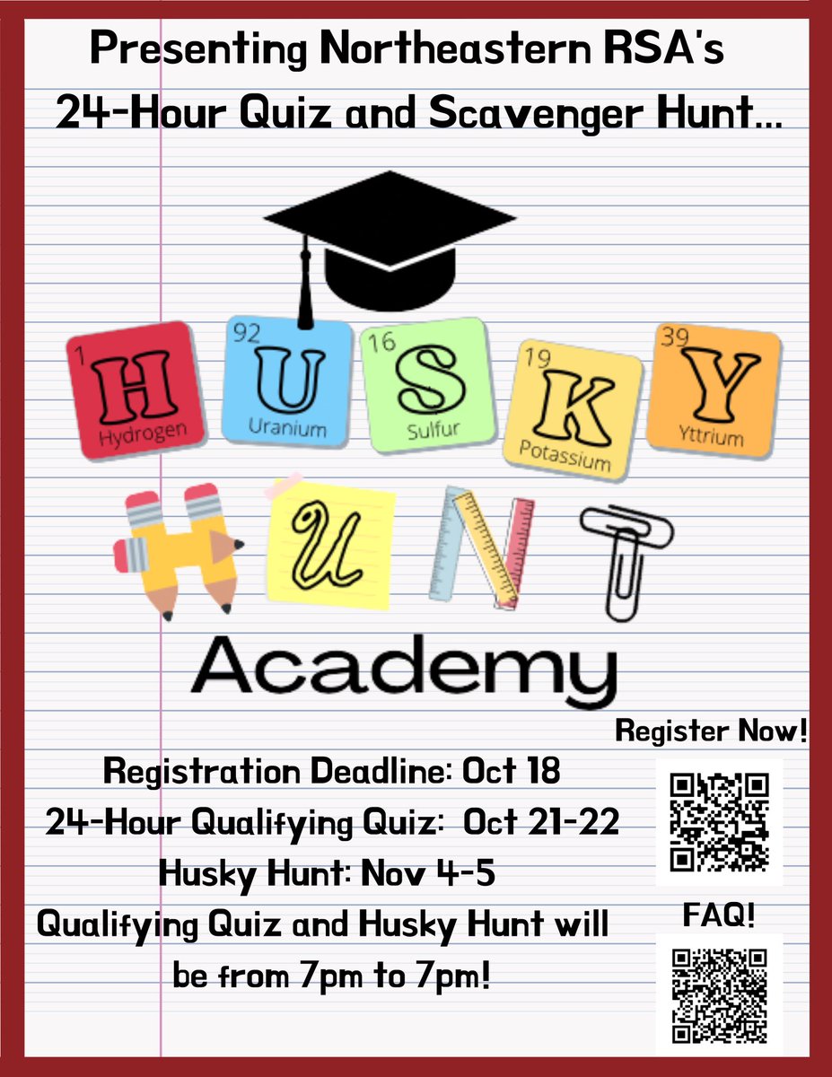 It’s Husky Hunt time again! Get ready for Husky Hunt Academy! The application is officially open at bit.ly/HH22Register until midnight at October 18th! Get your teams ready and see if you’ll be accepted!