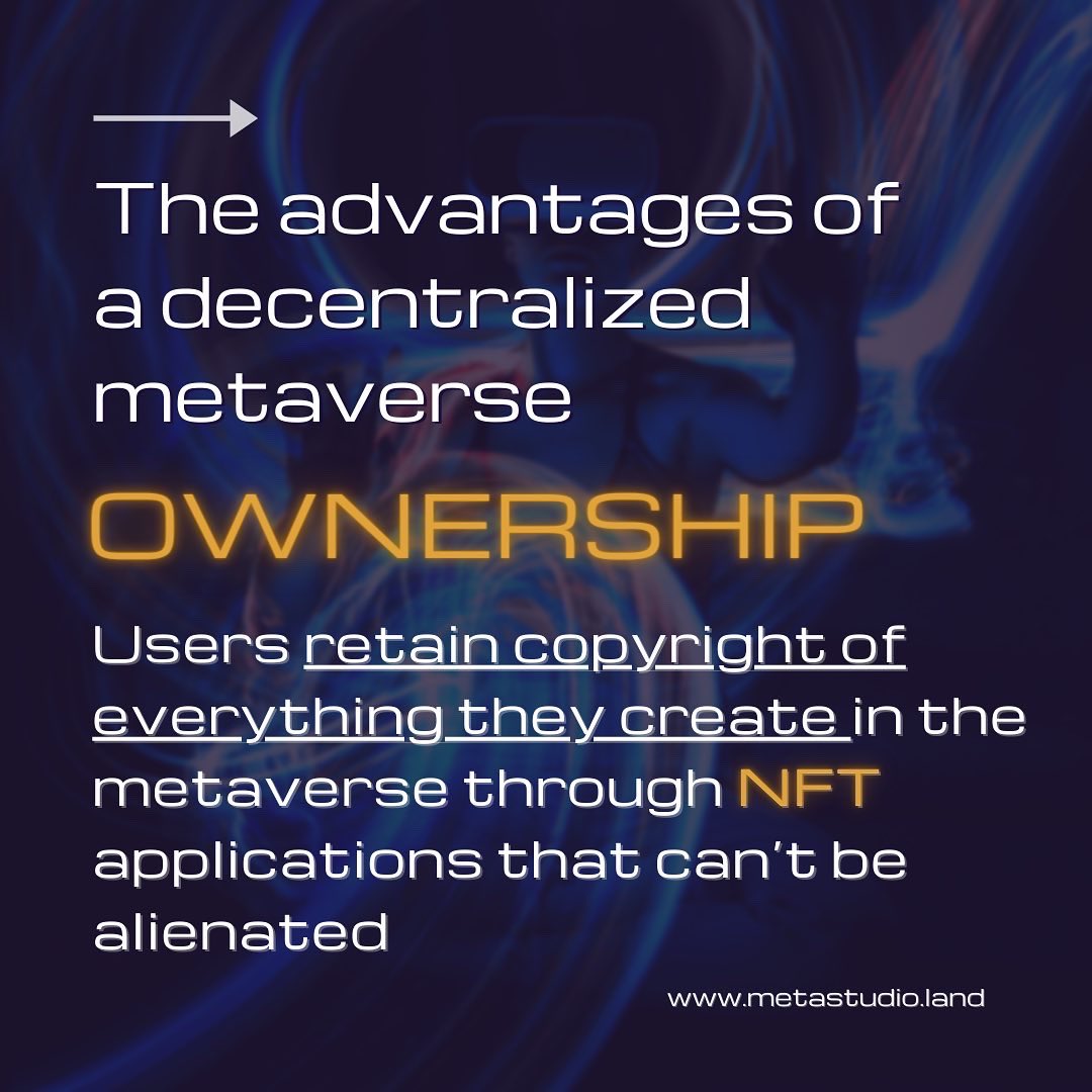 The pros to a #decentralized universe are almost too numerous to count, but we will highlight the important ones for you: 💡 Ownership - users retain copyright of everything they create in the metaverse through NFT’s applications that can’t be alienated #nfts #metaverseart
