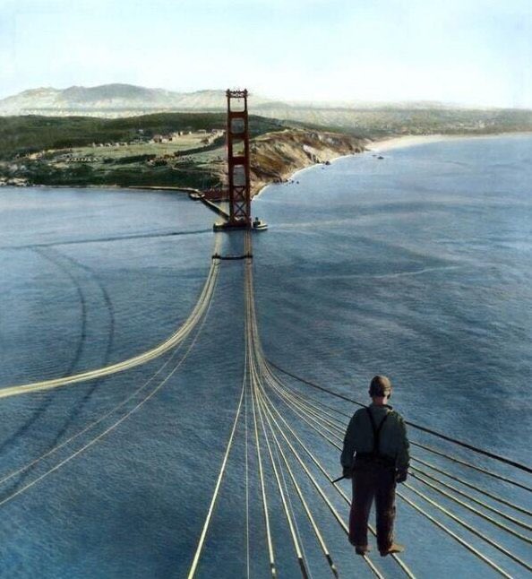 historyinmemes's tweet image. Worker on the Golden Gate bridge under construction, 1935