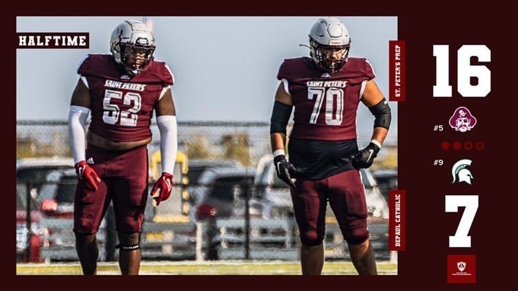 Renato Rodrigues (@rrodriguesspp) on Twitter photo At the half:
#5 <a href="/SPPFootball/">St. Peter's Football 🏴☠️</a>: 16
#9 <a href="/dpfootball/">DePaul Football</a>: 7
<a href="/champlong7/">QB Champ Long</a> has 166 yards of passing in so far, including that last strike to <a href="/CantGuardZion/">Zion Fowler - El ✞</a> to give the Marauders the 16-7 advantage. <a href="/KenyonMassey/">Kenyon Massey ✞</a> has 5 rec, 77 yds so far and <a href="/isaiahgiles15/">.</a> has 5 rush for 52 yds, 1 TD also At the half:
#5 <a href="/SPPFootball/">St. Peter's Football 🏴☠️</a>: 16
#9 <a href="/dpfootball/">DePaul Football</a>: 7
<a href="/champlong7/">QB Champ Long</a> has 166 yards of passing in so far, including that last strike to <a href="/CantGuardZion/">Zion Fowler - El ✞</a> to give the Marauders the 16-7 advantage. <a href="/KenyonMassey/">Kenyon Massey ✞</a> has 5 rec, 77 yds so far and <a href="/isaiahgiles15/">.</a> has 5 rush for 52 yds, 1 TD also