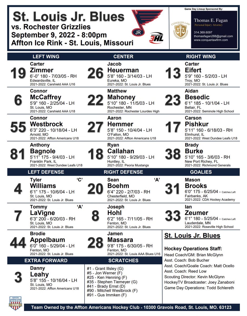 JrBluesHockey's tweet image. Lineup for tonight’s home opener!