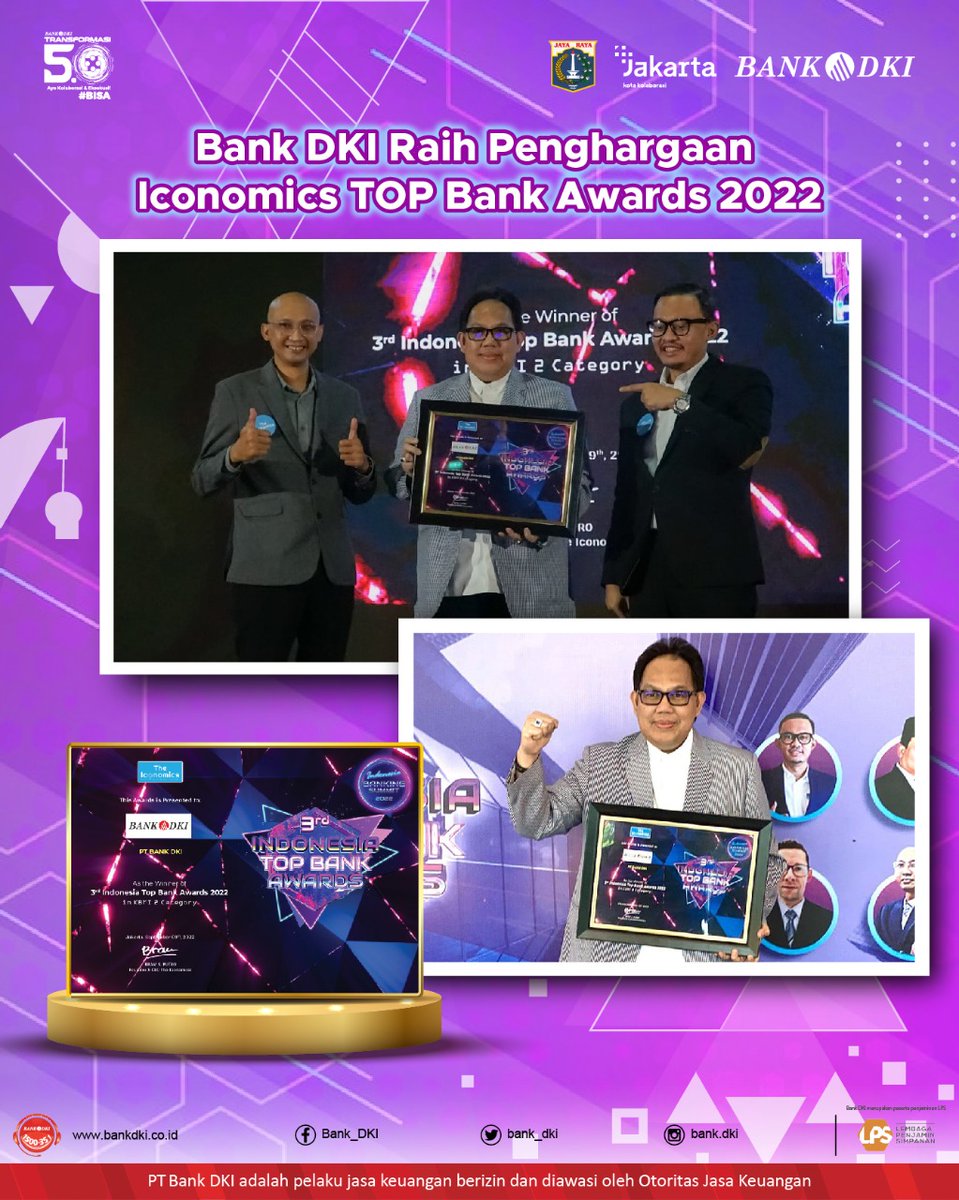 bankjakarta_'s tweet photo. Penuh rasa syukur, mengiringi langkah kami dalam bertransformasi, Bank DKI berhasil meraih penghargaan 3rd Indonesia Top Bank Awards dari The Iconomics untuk kategori Bank KBMI 2 yang diterima langsung oleh Direktur Utama Bank DKI, Bapak Fidri Arnaldy. https://t.co/BfUTLz7wTI