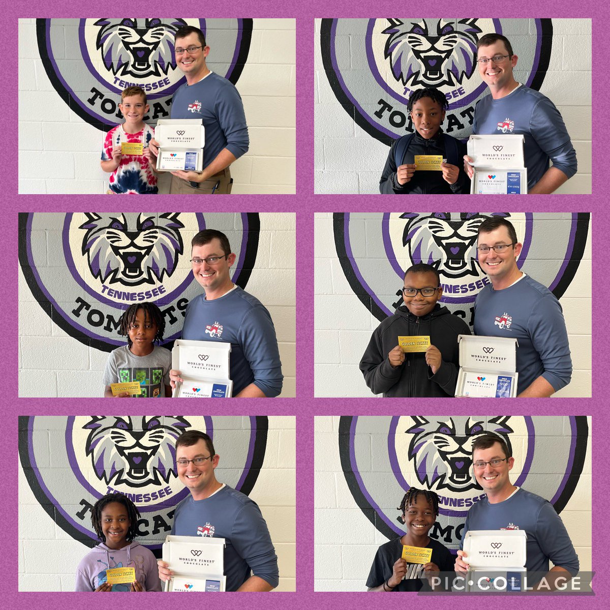 Our chocolate bar sales are under way!  🍫 
These 6 students were lucky to find a golden ticket in their boxes! They won a 1 pound chocolate bar!! Congratulations! 🎉 💜