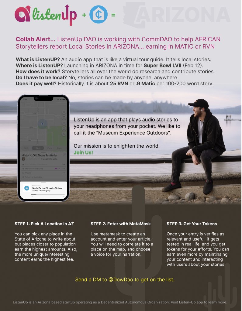 thecommunitydao's tweet photo. Amazing collaboration now in motion between C0MM/DAO's #crowdworking team and Listen Up, a #DAO dedicated to Geo-spatial Audio: https://t.co/1qQB6qqEFh
@IgorIlyinsky (aka Rogi) & @theDowDao have been in talks and are creating a new bounty for our marketing squad @thecommunitydao. https://t.co/ER52FbCn7A