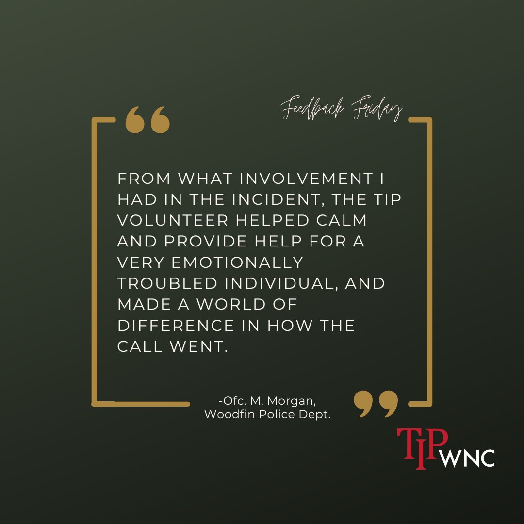 TIPofWNC's tweet image. Special thanks to the Woodfin Police Department for providing our #FeedbackFriday!
.
To volunteer with TIP of WNC, sign up for our next training academy beginning on September 15th! tipofwnc.org/volunteer
#buncombecounty #hendersoncounty #transylvaniacounty #tip #tipofwnc