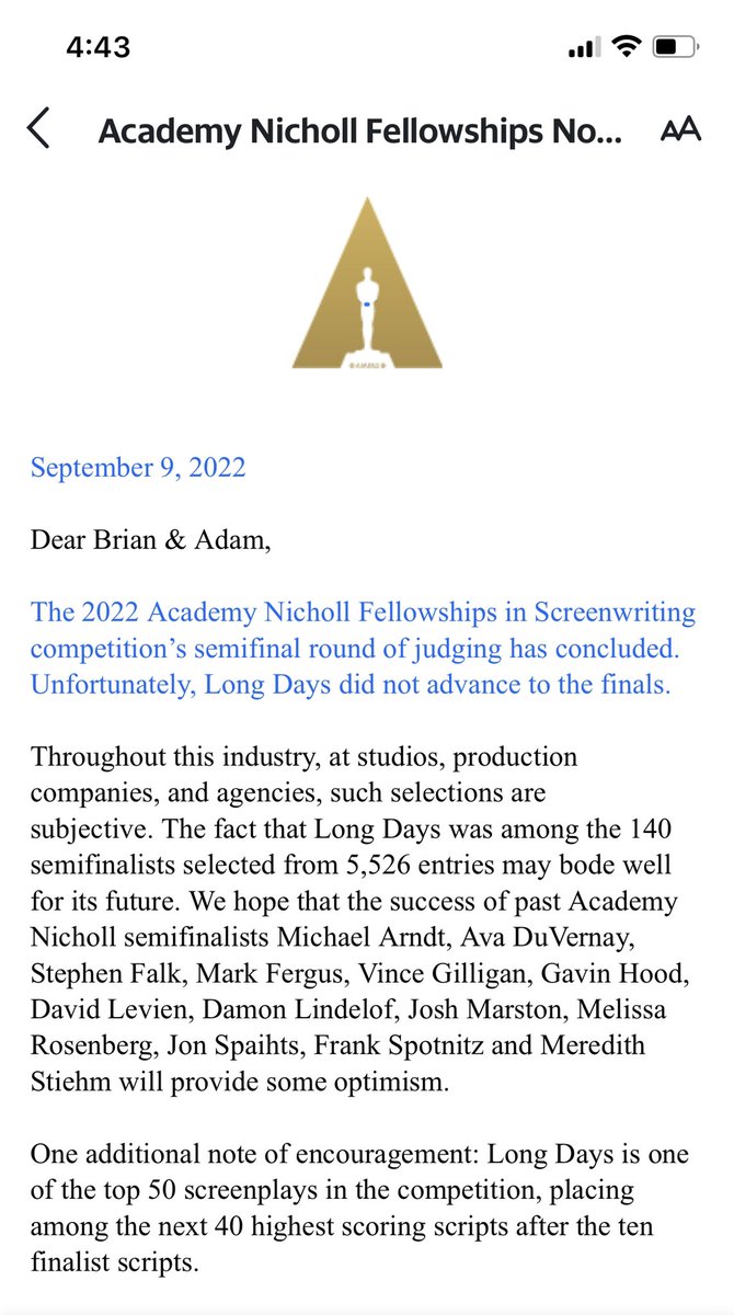 BrianTrichon's tweet photo. So…our vampire horror script LONG DAYS isn’t a finalist but we did place in the TOP 50. Grateful we made it this far. And excited we have Divide/Conquer attached to produce. #Nicholl  @EasyLivingFilm https://t.co/fcRgBsGMhM