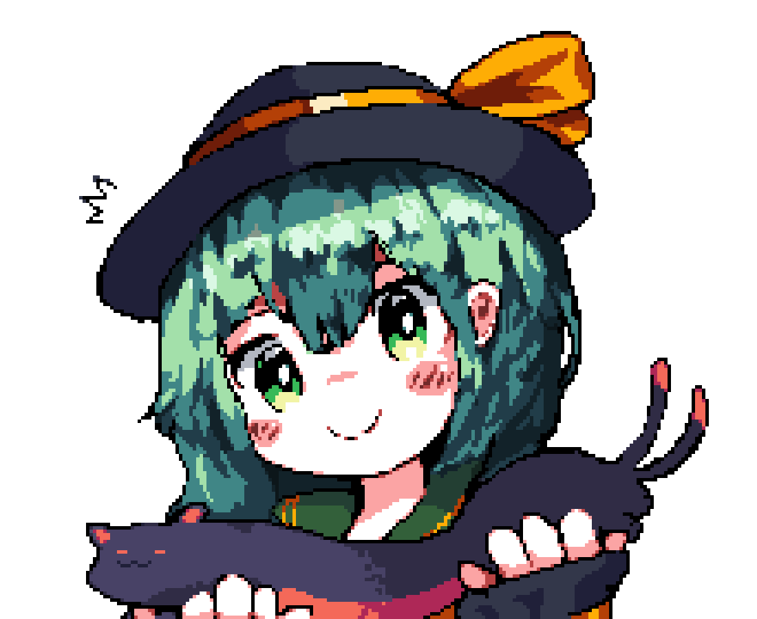 kaenbyou rin ,komeiji koishi hat 1girl green eyes smile black headwear green hair holding  illustration images