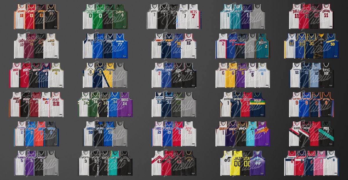 caseyvitelli's tweet photo. I have compiled every @NBA uniform, "known", as of 9/9/22, to be worn this year into one graphic. Will add more once they are released/leaked. Unable to tag @hornets, @LAClippers, and @sixers. https://t.co/Nb9CllxNtX
