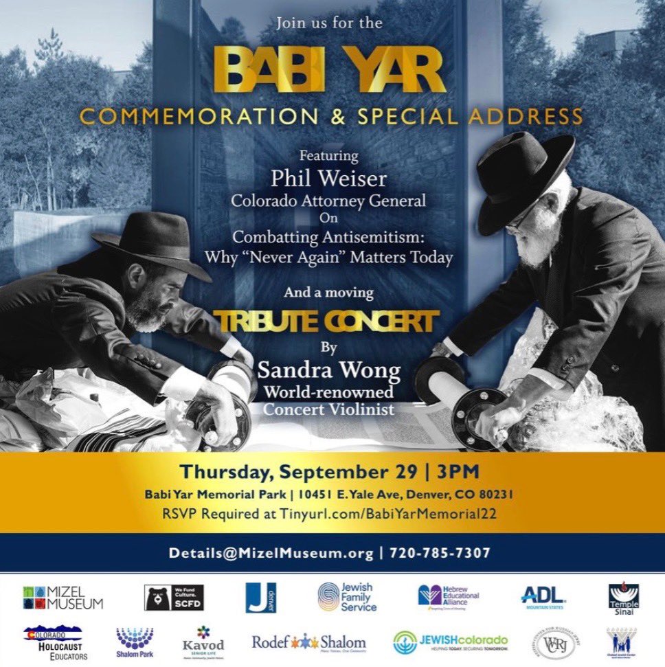 ColoHoloEdu's tweet photo. You are invited to the Babi Yar 81st Anniversary Commemoration &amp; Tribute Concert 
Thursday, Sept. 29 at 3 PM, at the Babi Yar Memorial Park, 1045 E. Yale, Denver, CO 80231
Hosted by the Mizel Museum

An RSVP is required at https://t.co/HICtRL7xg1 https://t.co/X856QoyGNl