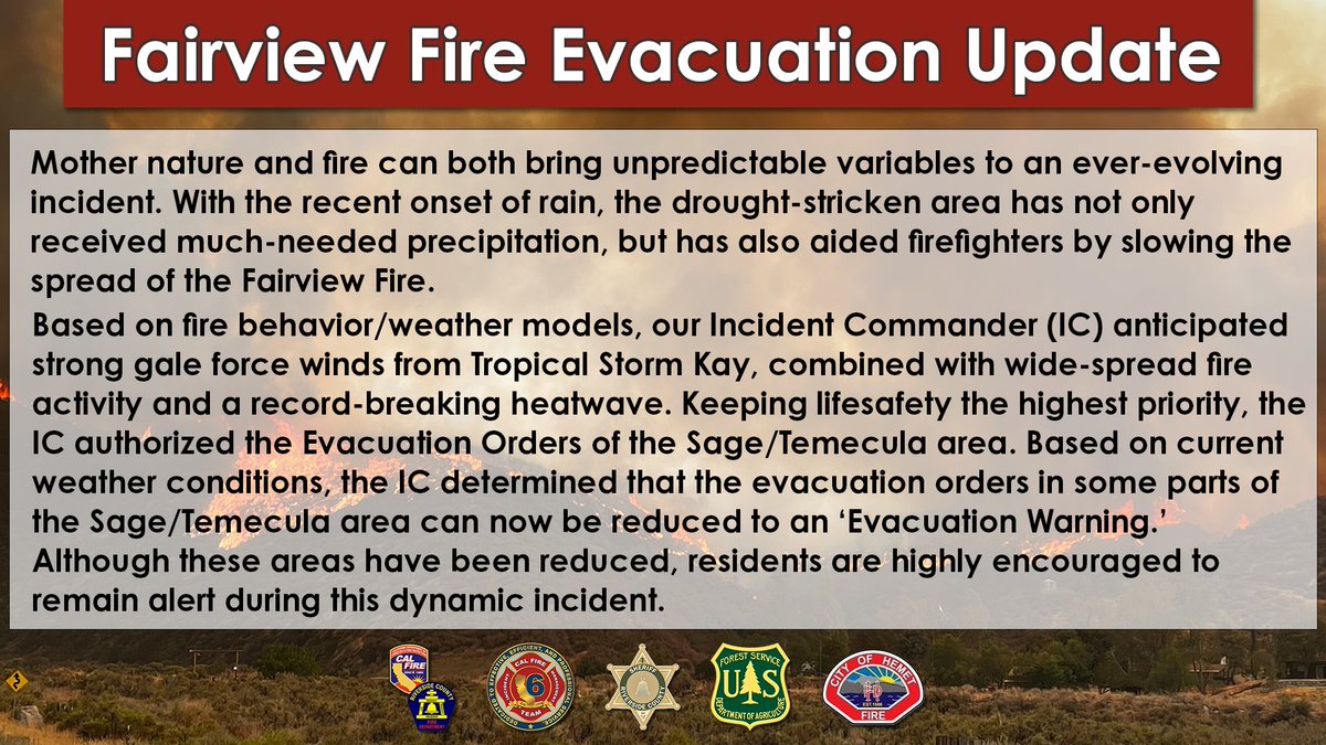 CALFIRERRU's tweet photo. Please continue to follow @CALFIRERRU on Facebook and Twitter for updates of the #FairviewFIRE. https://t.co/fiwfAAOpCA