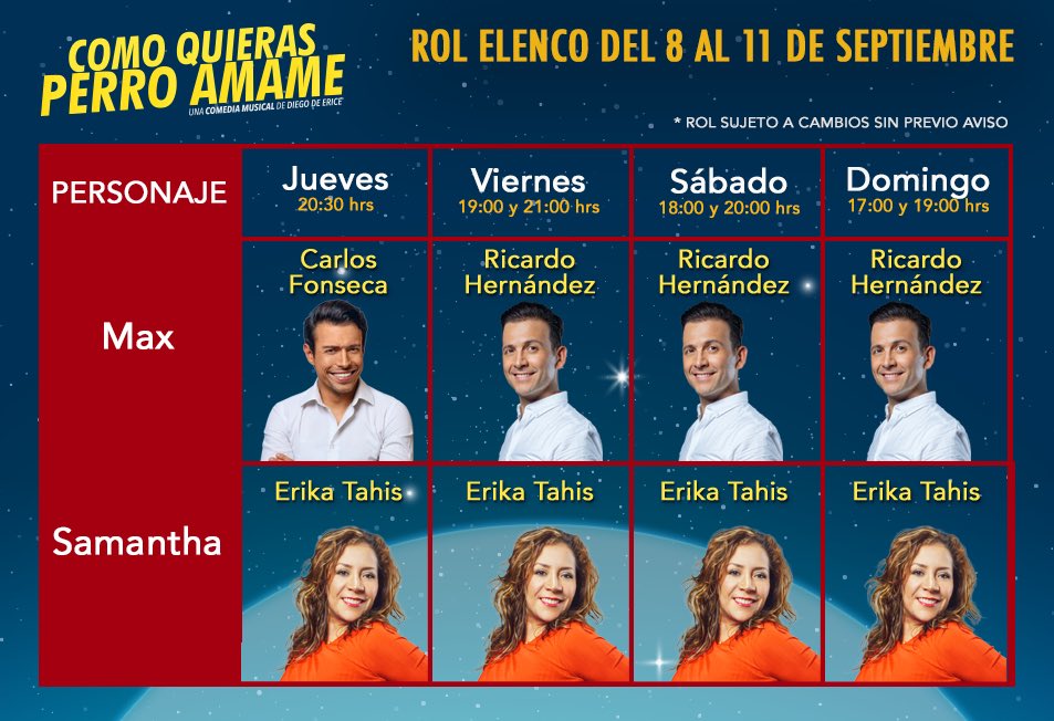 ¿Ya estás listo para reir este fin de semana  con <a href="/CarlosFonsecaOf/">Carlos Fonseca</a> <a href="/_ricardosoy/">Ricardo Ache</a> y @ErikaTahis en <a href="/PerroAmameMx/">Como Quieras Perro Ámame</a> 
ESTE FIN DE SEMANA
🗓 Viernes 7 y 9 PM
🗓 Sábado 6 y 8 PM 
🗓 Domingo 5 y 7 PM 
Boletos 🎟
bit.ly/BoletosPerro