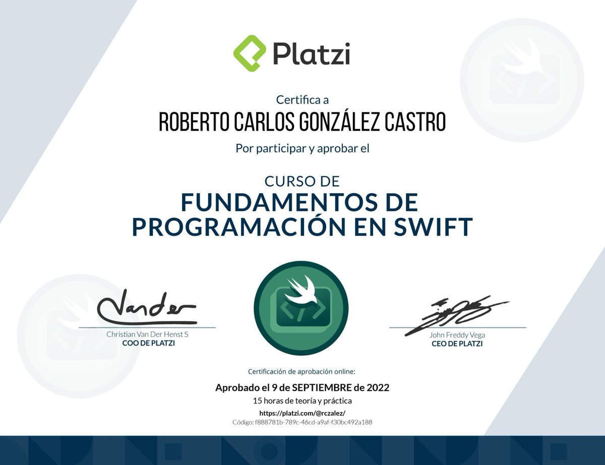 ¡Aprobé el Curso de Introducción a Swift en <a href="/Platzi/">Platzi</a>! Ya viene #PlatziConf! platzi.com/p/rczalez/curs…