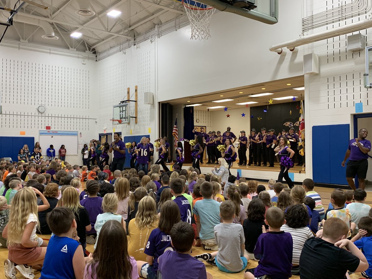 WeaverTeach's tweet photo. What a great surprise at Calvert today! The @Ravens band and cheer squad came and pumped up the students and staff!! Even though it wasn’t my Eagles, it was still fun! https://t.co/ZJ8NMJXOw9
