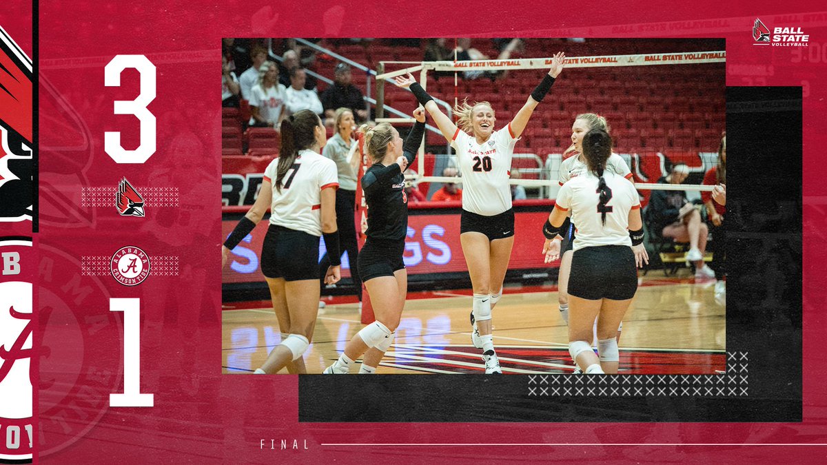 BallStateWVB's tweet photo. Tide Rolled ... We FLY THE 🏴‍☠️ with a 3-1 #VICTORY over Alabama

@10laureng &amp; @caitsnyd w/team-high 10 kills!!!

Back at it tomorrow at 6p vs. Green Bay

#ChirpChirp x #WeFly x #MACtion x #NCAAWVB https://t.co/kKEQN8mUYW