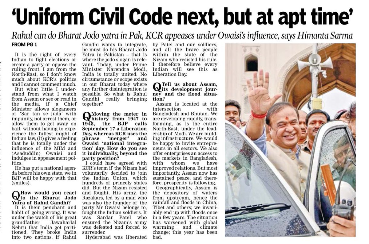 pm_saiprasad's tweet photo. Exclusive interview to @DeccanChronicle of awe inspiring leader @himantabiswa da, nightmare to #KCR &amp; family.
Neo-Razakars acts of Shameful disgrace will be dealt with iron fist.

Desh ka neta #KCR should learn from Himanta da-how to align democracy with relentless growth. https://t.co/3KjOohaYW6