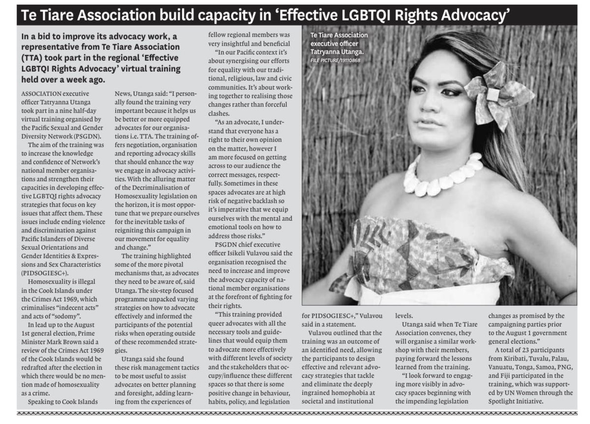 PSGDN's 'Effective #LGBTQI Rights Advocacy' training for its NMOs gets spotlighted in the Cook Islands News today. Read more about how the training has enabled the Te Tiare Association in 🇨🇰 to synergize and get across the correct messages to the community, respectfully 👇